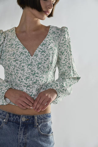 Green-Ditsy V-Neck-Blouse