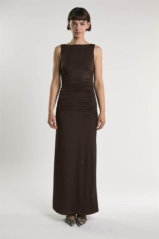 Bitter Chocolate Slash Neck Midaxi Dress