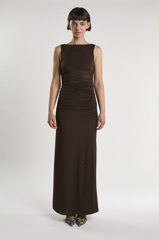 Bitter Chocolate Slash Neck Midaxi Dress