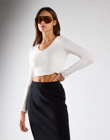 V-neck Rib Cropped Top - Off White