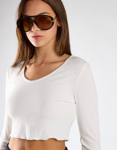 V-neck Rib Cropped Top - Off White