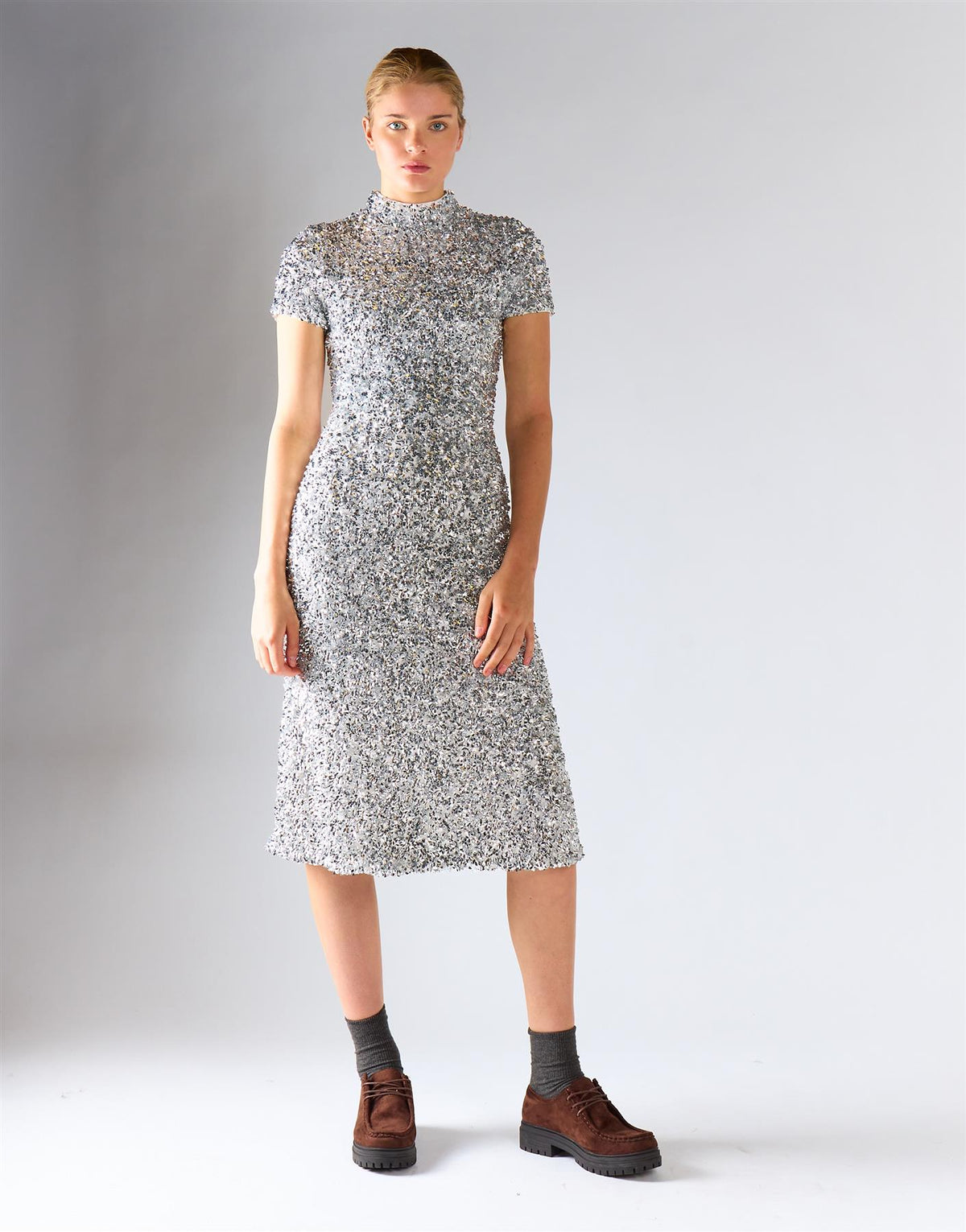 Silver Sequin Short-Sleeves High-Neck Midi Dress