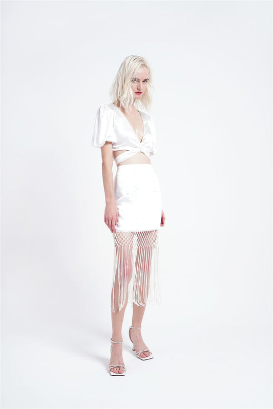 White Fringe Pencil Mini-Skirt
