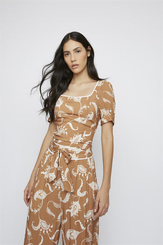 Brown-Paisley Tie-Back Crop-Top
