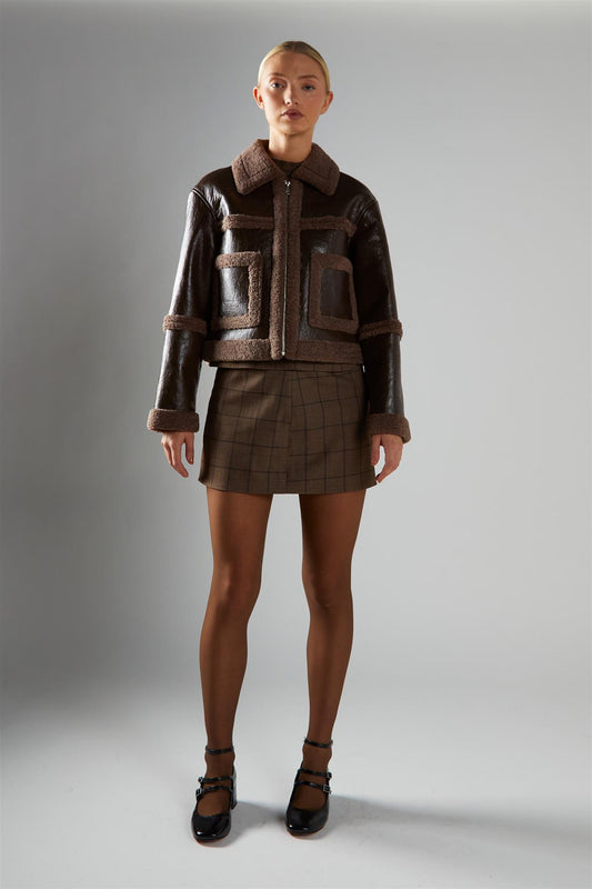 Shearling Crop Coat - Dark Brown