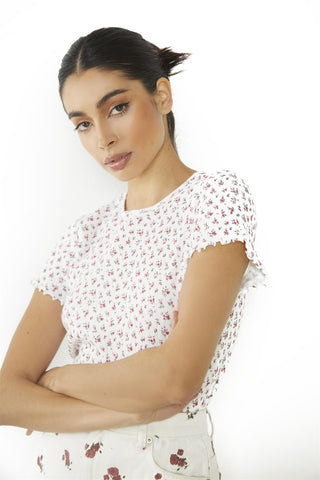 White Ditsy Pointelle Floral Lettuce-Hem Short-Sleeve-Top