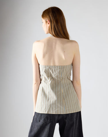 Stone Blue Stripe High Neck Bow Detail Top