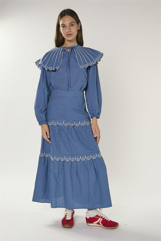 Navy Multi Check Embroidered Collar Long Sleeve Blouse