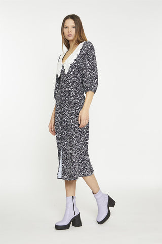 Black-Mini-Leopard-White Contrast-Collar Midi-Dress