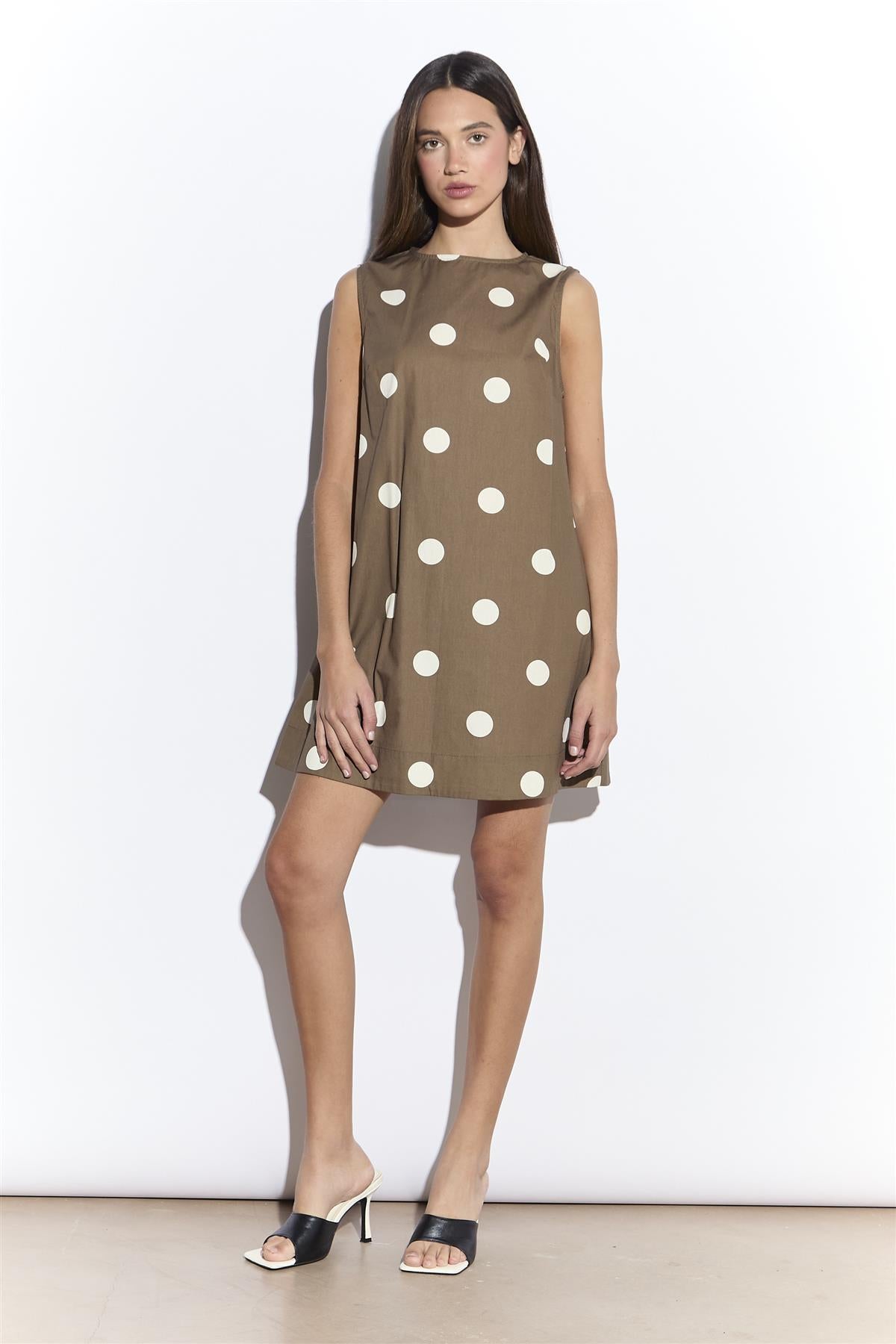 Taupe White Spot  Mini Shift Dress