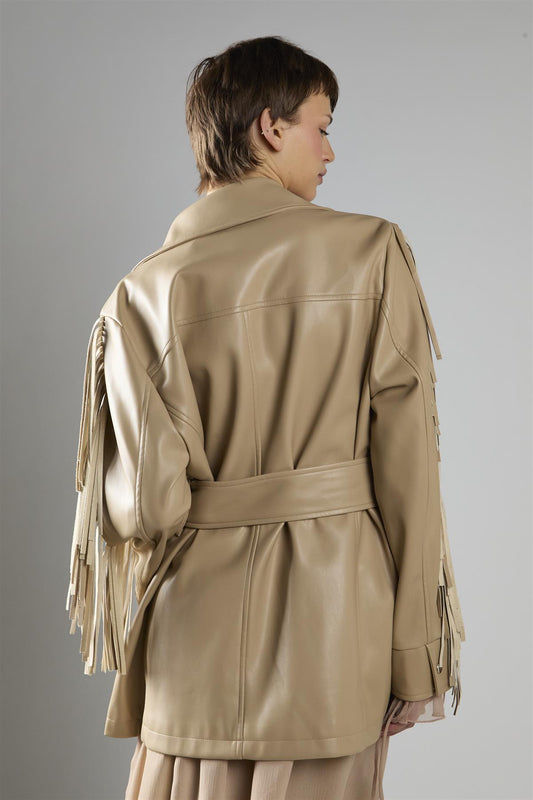 Sand Pu Belted Fringe Longline Jacket