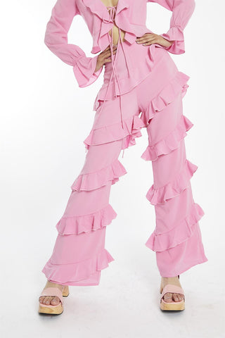 Candy-Pink Asymmetric-Ruffle Flared-Trousers