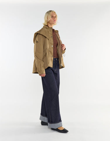 Beige Trench Jacket With Hood and Check Lining