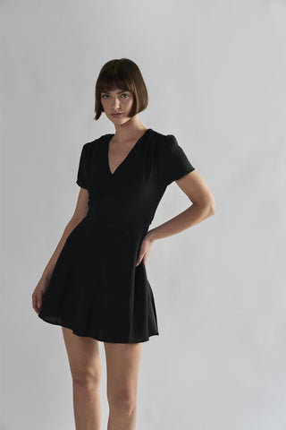 Black V-Neck Short Sleeve Mini Dress
