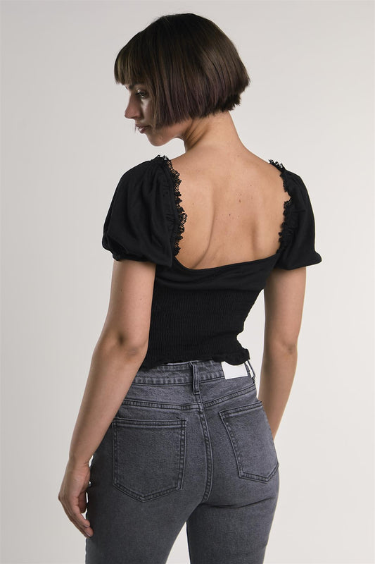 Black Puff-Sleeve-Babydoll Crop-Top
