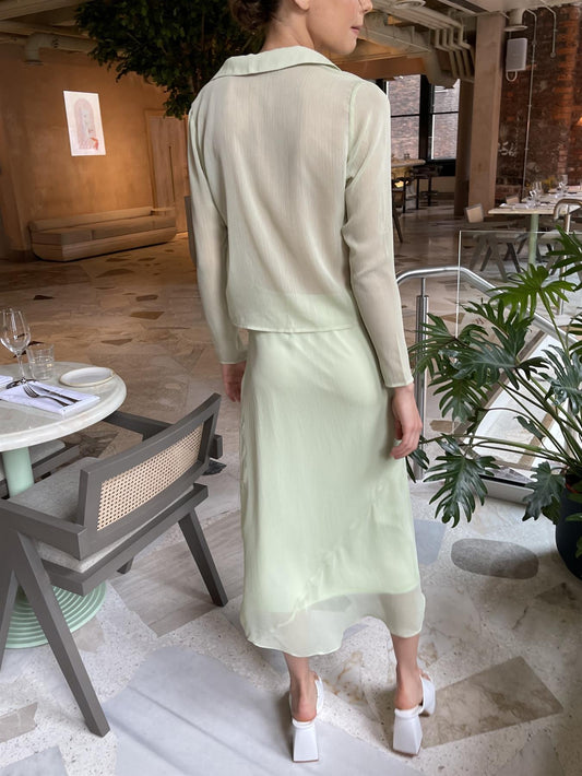 Pale-Green Tie-Front Long Sleeve-Top