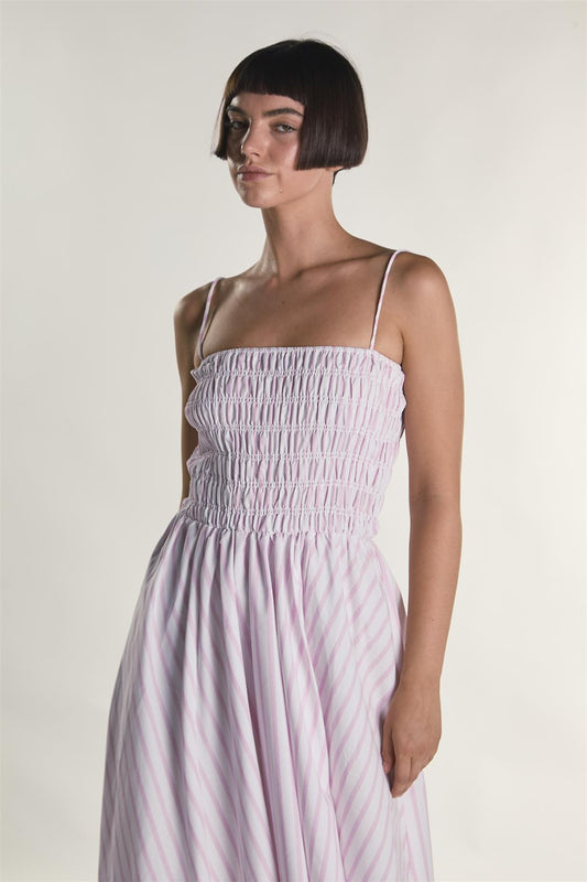 White Pink Stripe Strappy Shirring Maxi Dress