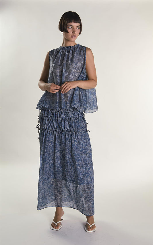 Blue Paisley Ruched Flowy Midaxi Skirt