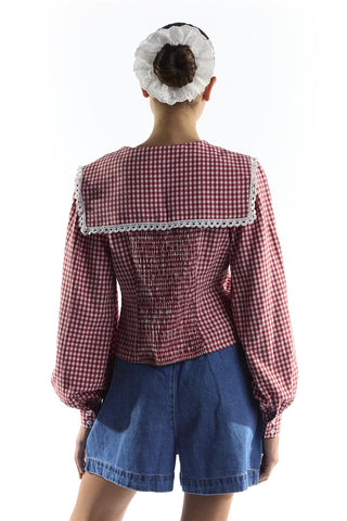 Red Gingham Blouse with Oversized Collar and Trim