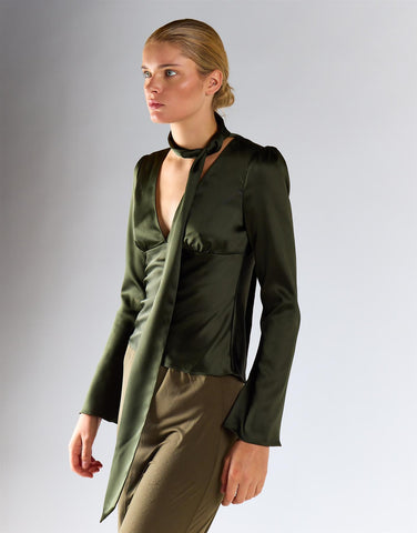 Deep Khaki V-Neckline Tie Blouse