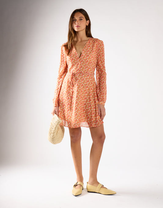 Glamorous Low V-Neck Mini Dress with Long Sleeves & Waist Tie