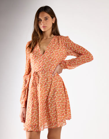 Glamorous Low V-Neck Mini Dress with Long Sleeves & Waist Tie