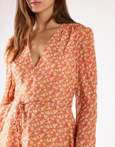 Glamorous Low V-Neck Mini Dress with Long Sleeves & Waist Tie