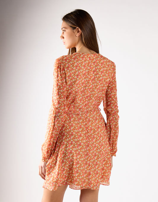 Glamorous Low V-Neck Mini Dress with Long Sleeves & Waist Tie