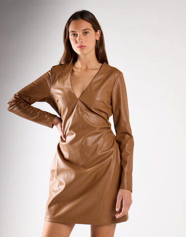 Brown PU Long Sleeve Dress