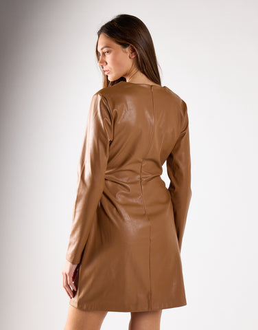 Brown PU Long Sleeve Dress