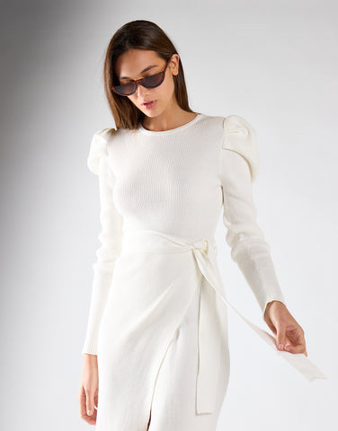 Glamorous Off White Puff Shoulder Split Midi Dress