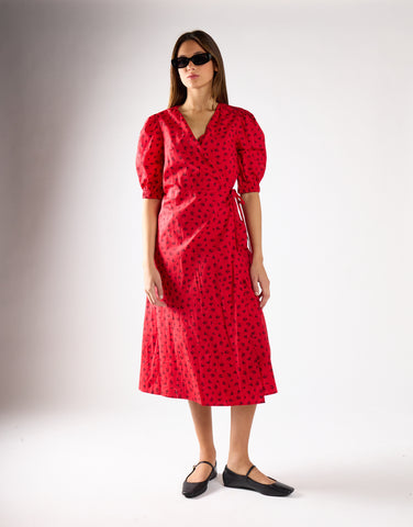Red Ditsy V-Neck Wrap Midi-Dress