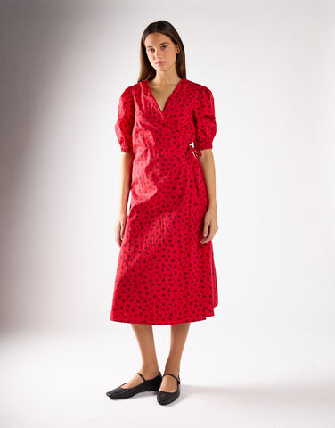 Red Ditsy V-Neck Wrap Midi-Dress