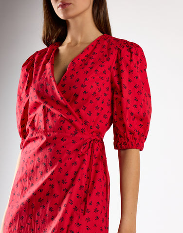 Red Ditsy V-Neck Wrap Midi-Dress