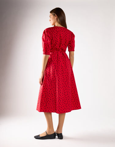 Red Ditsy V-Neck Wrap Midi-Dress