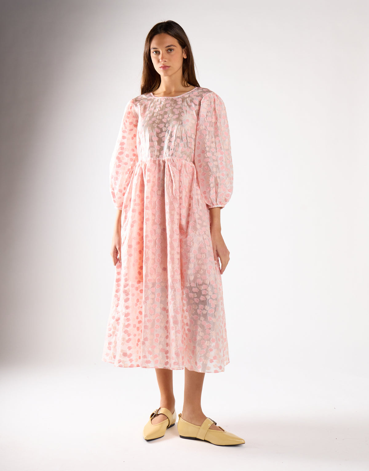 Pink Flower Organza Midi Dress
