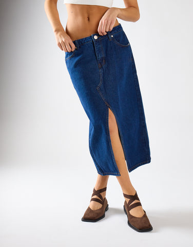 Indigo-Wash Denim Midi Skirt