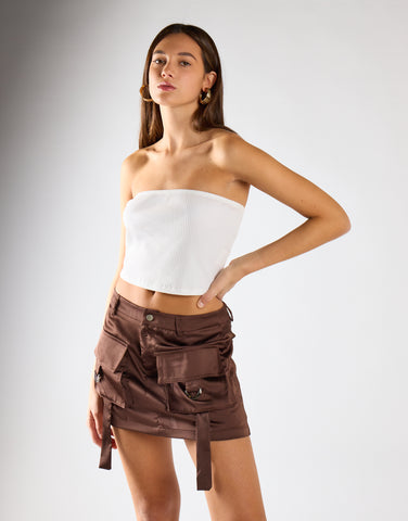 Brown Satin Cargo Mini Skirt