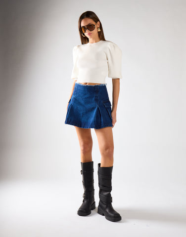 Indigo-Blue Denim Cargo Mini Skirt