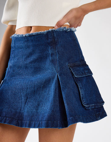 Indigo-Blue Denim Cargo Mini Skirt