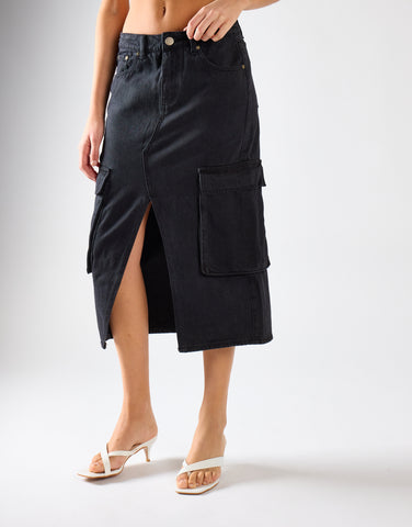 Cargo Midi Skirt - Washed Black