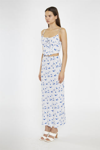 Blue-Dot Vintage-Floral Bias-Cut Midi-Skirt