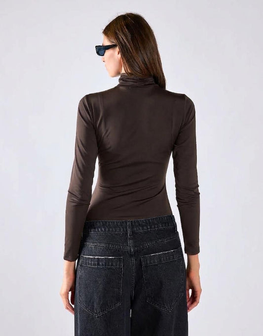 Deep Brown High-Neck Long Sleeves Bodysuit