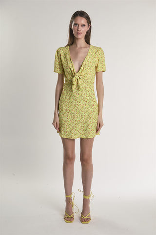 Yellow-Multi-Ditsy V-Neck-Front-Knot Mini-Dress