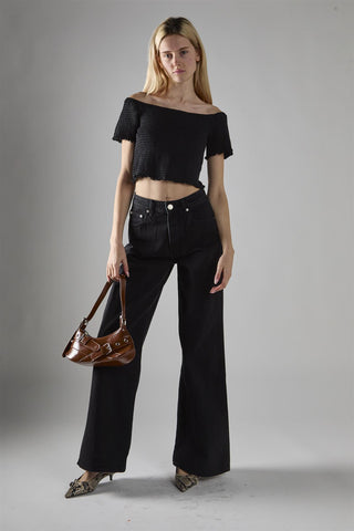 Black Shirred Bardot Crop-Top
