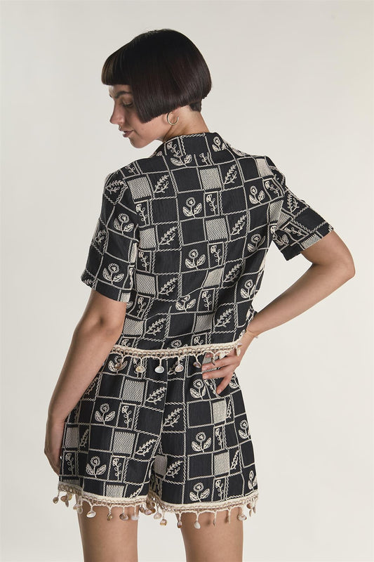 Black Embroidered Shell Detail Shirt