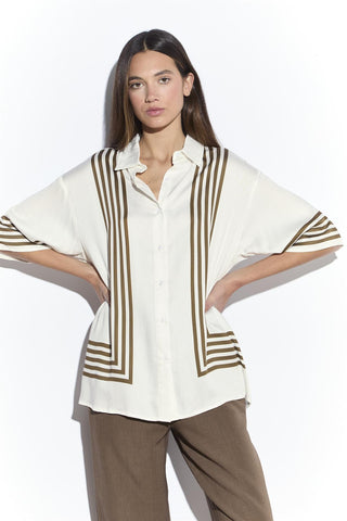 Cream Olive Stripe Short Sleeve Shirt