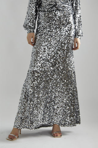 Black-Silver Sequin Bias-Cut Maxi-Skirt