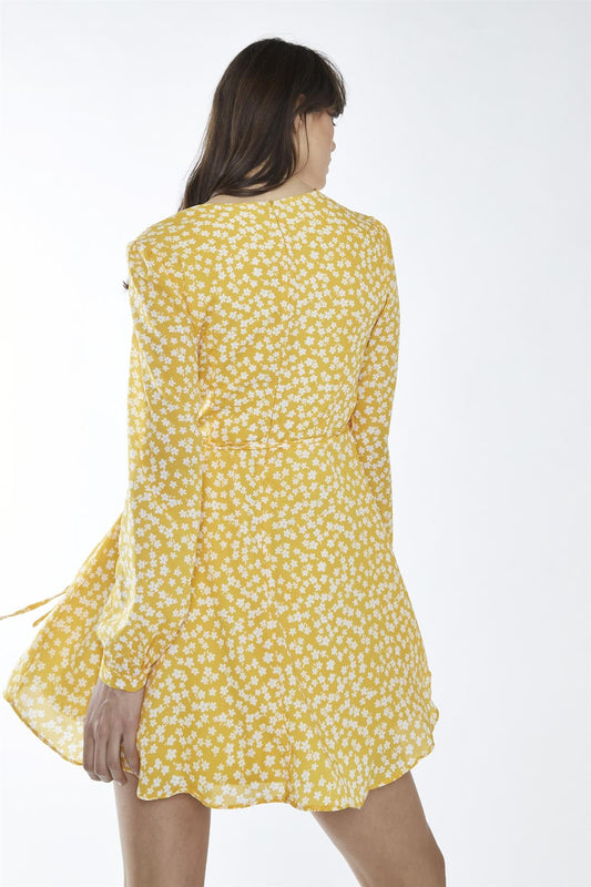 Yellow-White Ditsy V-Neck Skater Mini-Dress
