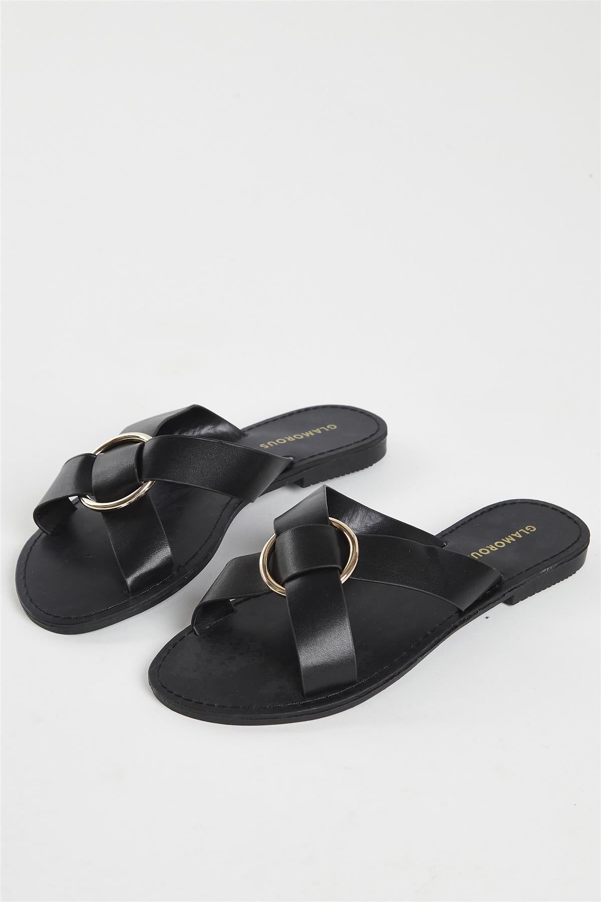 Black PU Flat Sandals